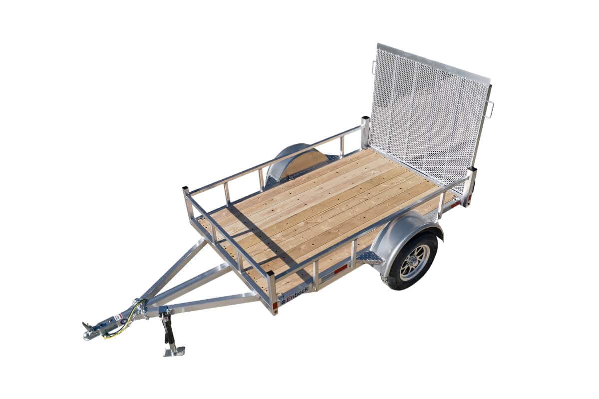 Enbeck single-axle utility trailer with wooden deck, galvanized tubular rails, and mesh front ramp.