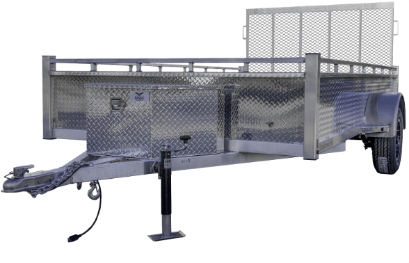 Single axle utility trailer with toolbox viewed from the front left side.