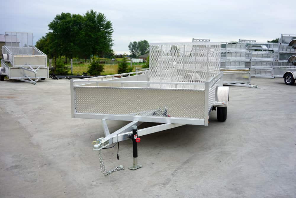 Single axle utility trailer viewed from the front.