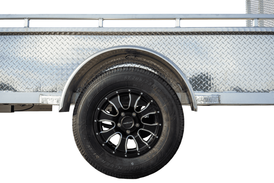 Single axle utility trailer viewed from the side.