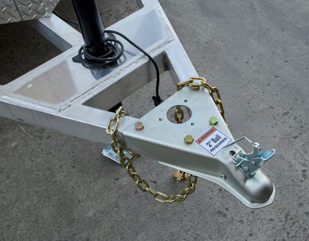 Front A-frame tongue of a single axle cargo trailer showing the frame structure.