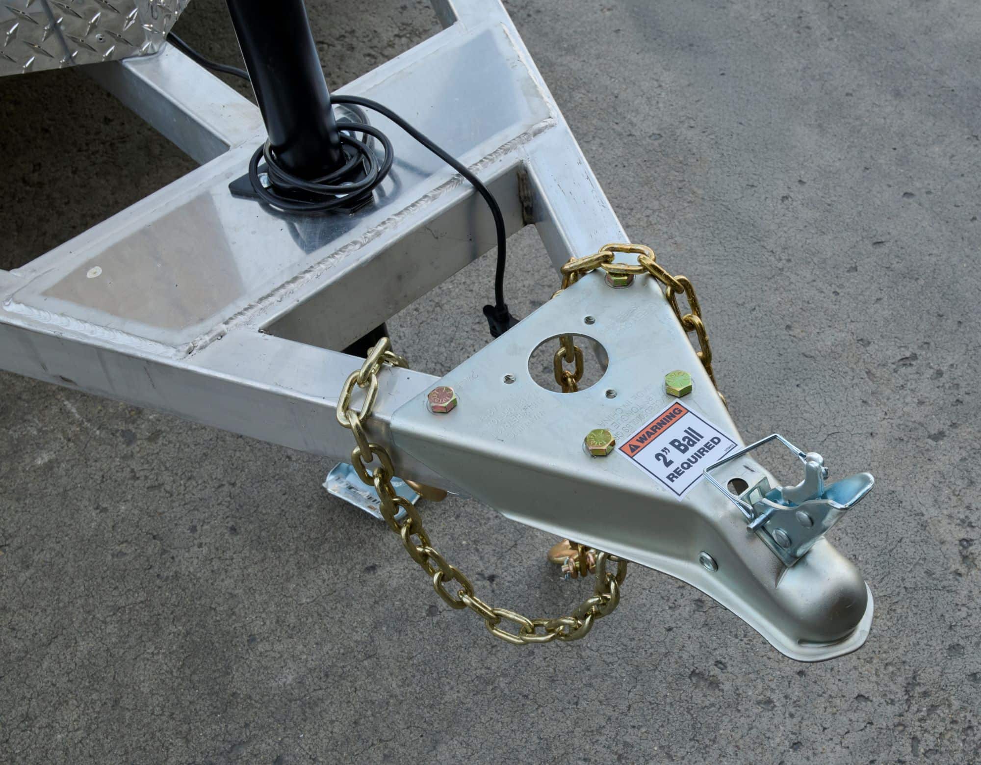 Front A-frame tongue of a single axle cargo trailer showing the frame structure.