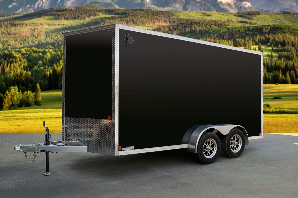 Black tandem-axle enclosed cargo trailer back and side view.