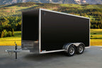 Black tandem-axle enclosed cargo trailer back and side view.