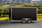 Black tandem-axle enclosed cargo trailer side view. 