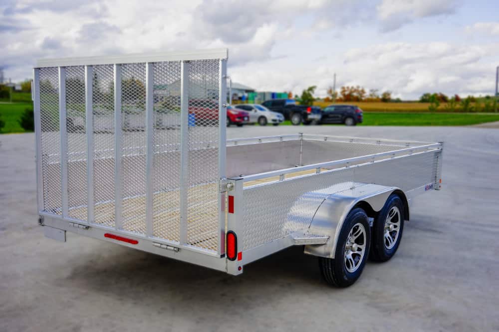 Tandem axle landscape utility trailer viewed from the back right side.