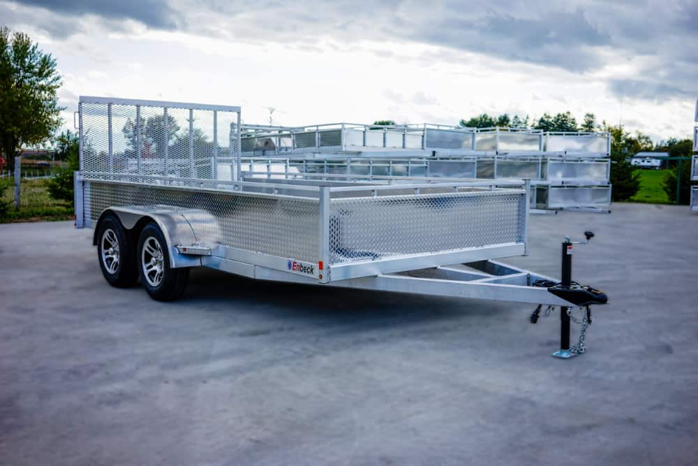 Tandem axle landscape utility trailer viewed from the front right side.