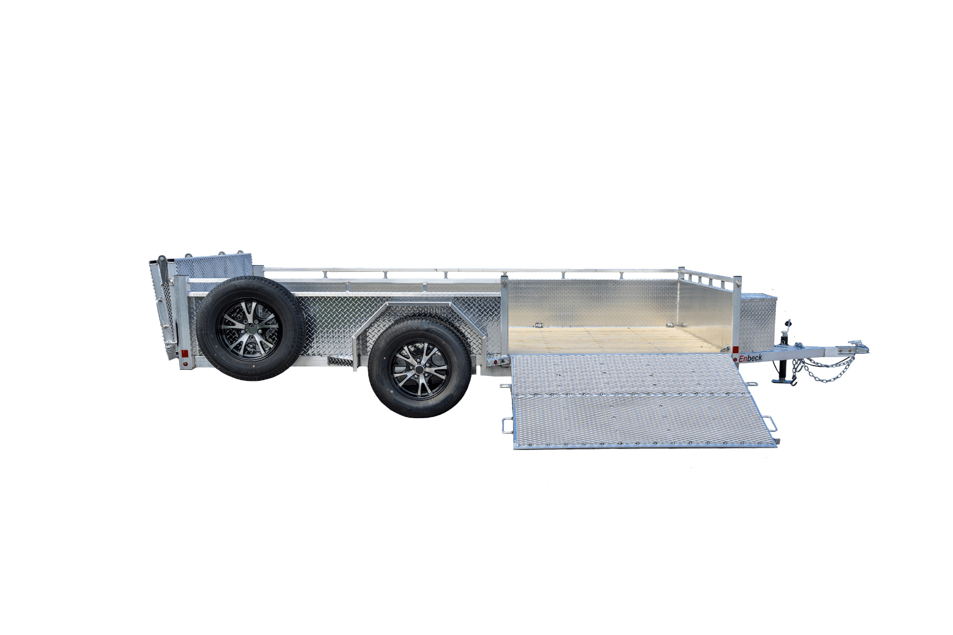 Silver tandem axle utility trailer with diamond-plate sides, open fold-down rear ramp, side-mounted spare tire, and black wheels.