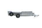 Silver tandem axle utility trailer with diamond-plate sides, open fold-down rear ramp, side-mounted spare tire, and black wheels.