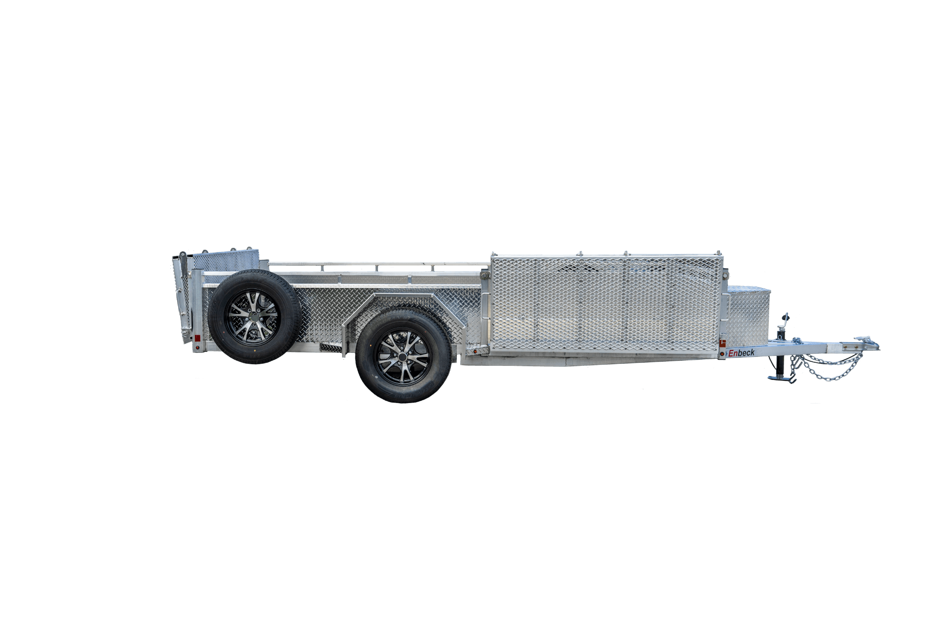 Silver tandem axle utility trailer with diamond-plate sides, open fold-down rear ramp, side-mounted spare tire, and black wheels.