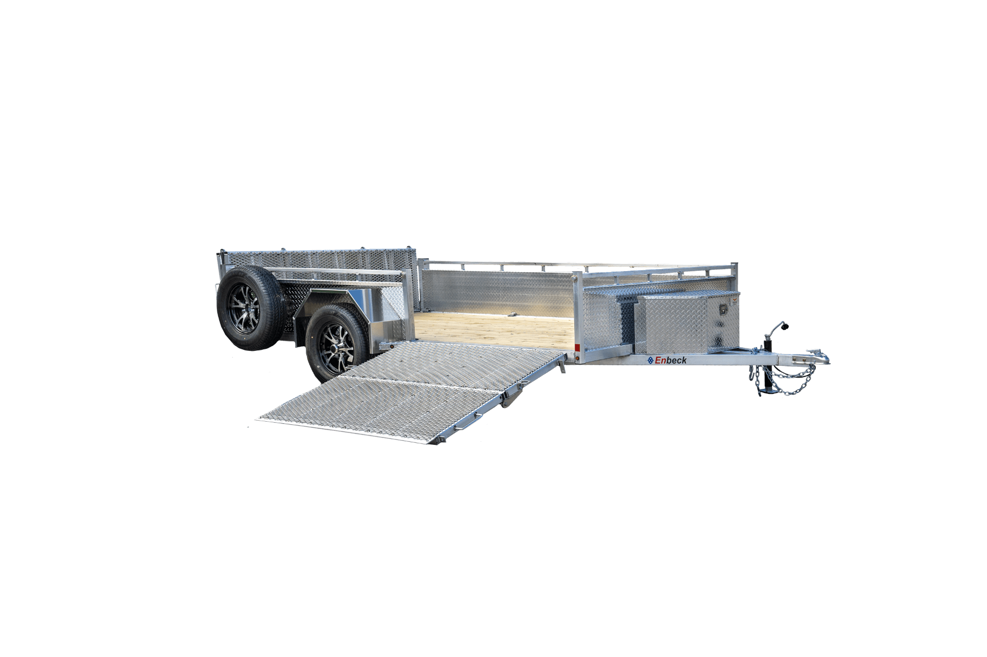 Silver tandem axle utility trailer with diamond-plate sides, open fold-down rear ramp, side-mounted spare tire, and black wheels.
