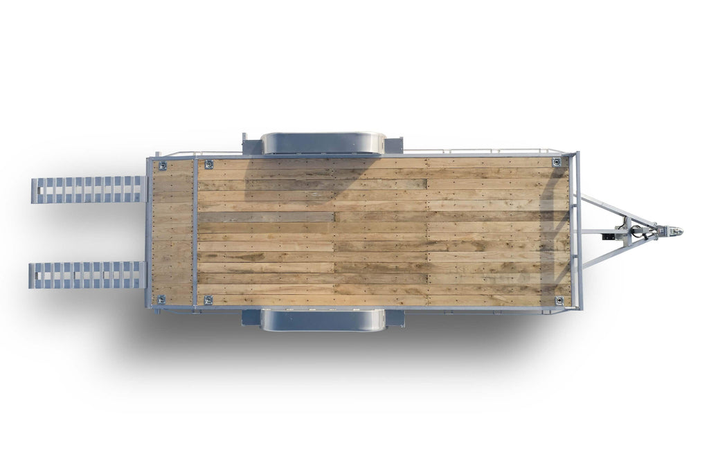 Overhead view of the fenders on a tandem car hauler trailer.